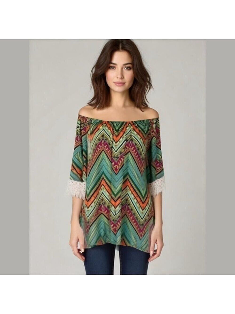 WINWIN Off Shoulder Half Sleeve Top Lace Trim